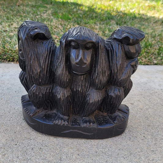 African Hand-Carved Wooden 3 Wise Monkeys Art Statue: Hear, See, Speak No Evil