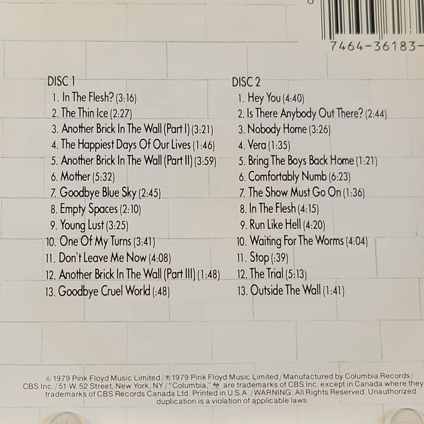 Vtg 1979 Pink Floyd THE WALL DOUBLE CD