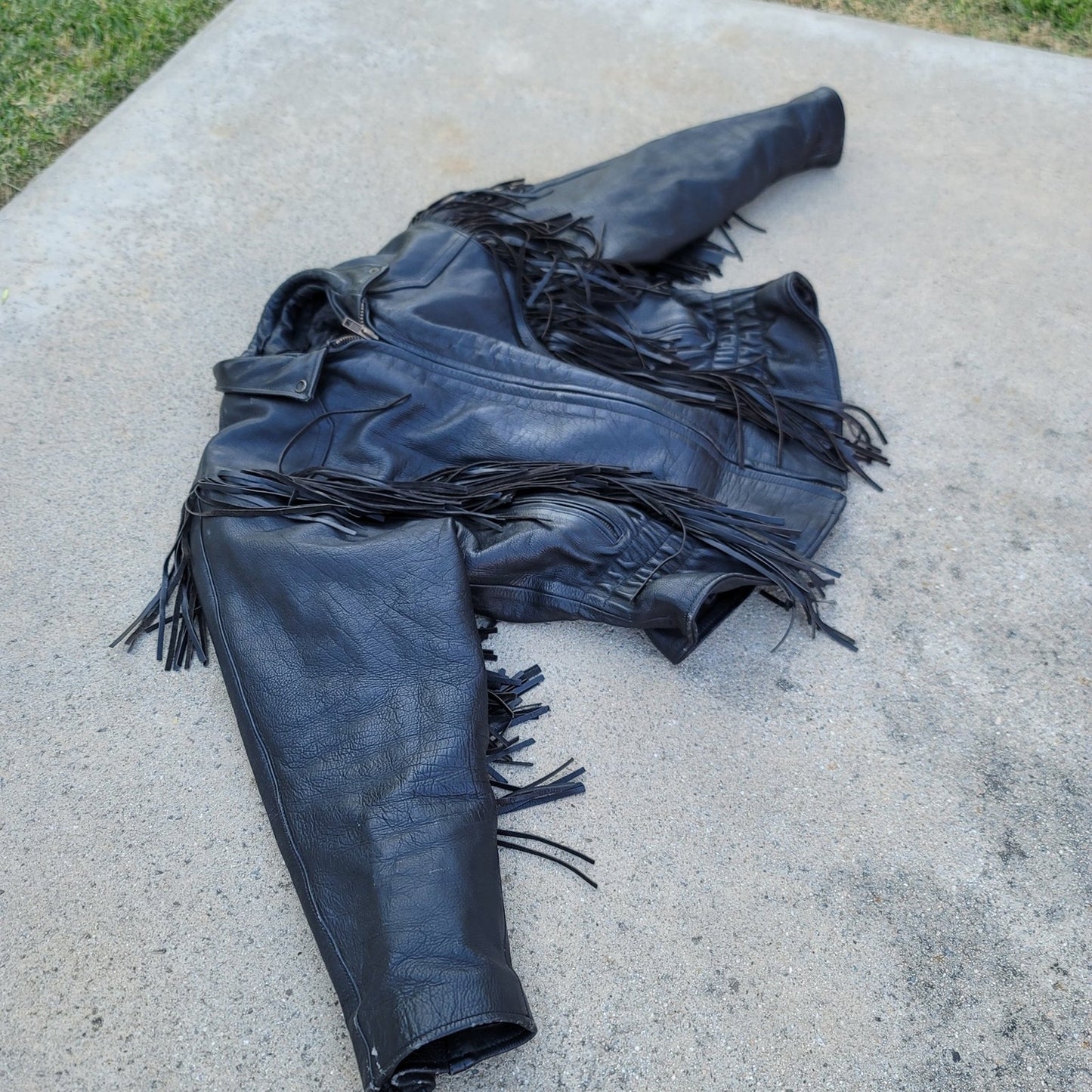 Vtg Unik Fringe Leather Motorcycle Jacket w/ Cinched Waist