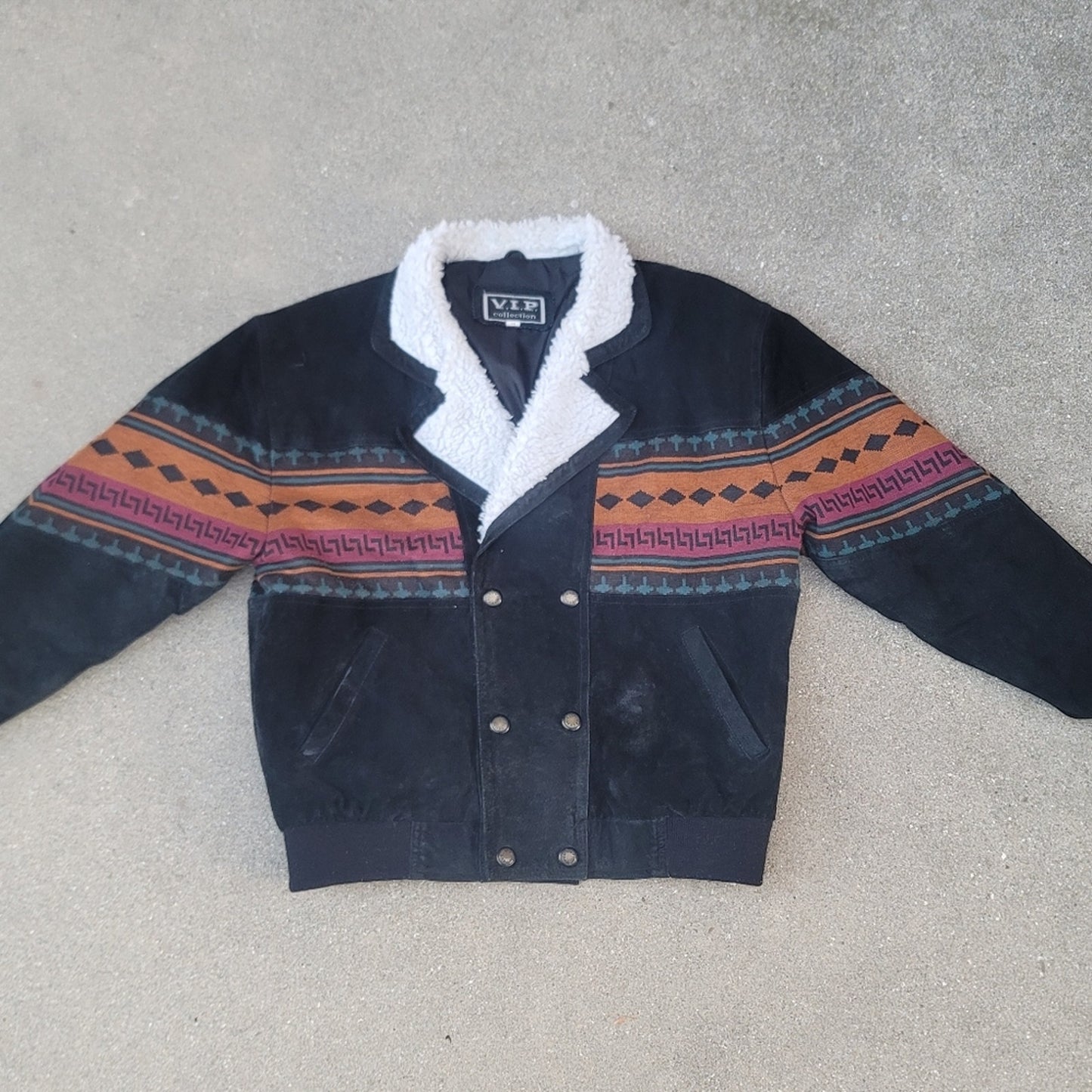 Vtg V.I.P. Southwestern Sherpa-trimmed Suede Leather Bomber Jacket
