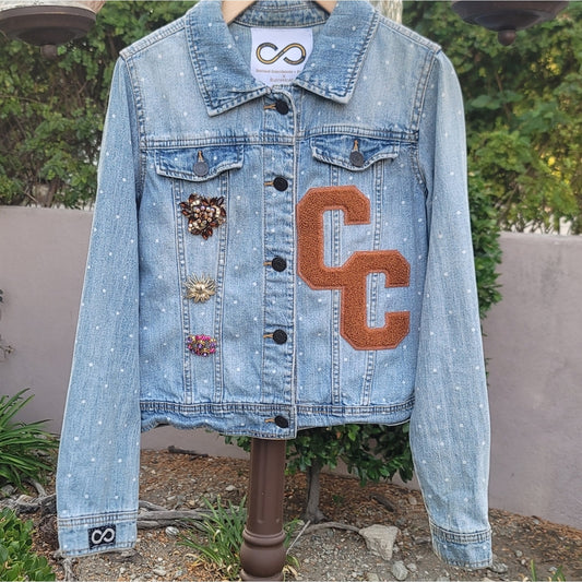 Continual Coincidences Brand Upcycled Vtg Denim Jean Jacket w/Brooch Accents