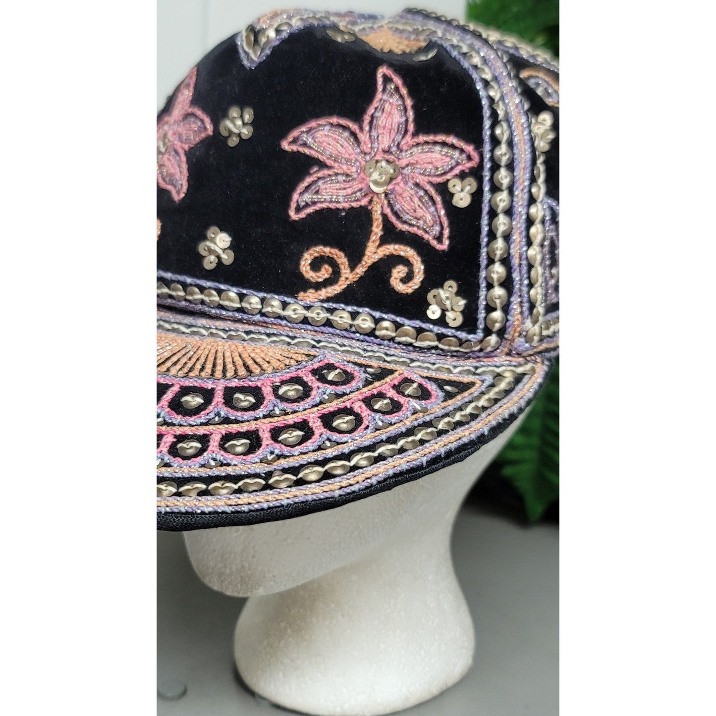 Vtg Burmese Custom Velour Embroidered Hearts Flowers Hat