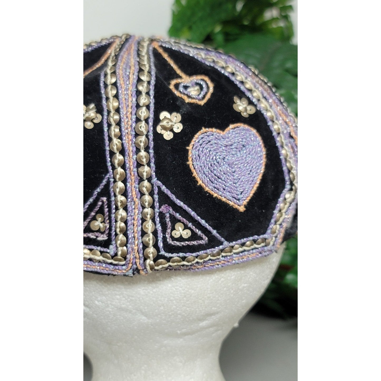 Vtg Burmese Custom Velour Embroidered Hearts Flowers Hat