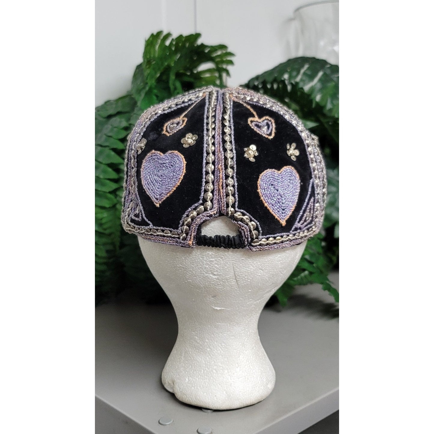 Vtg Burmese Custom Velour Embroidered Hearts Flowers Hat