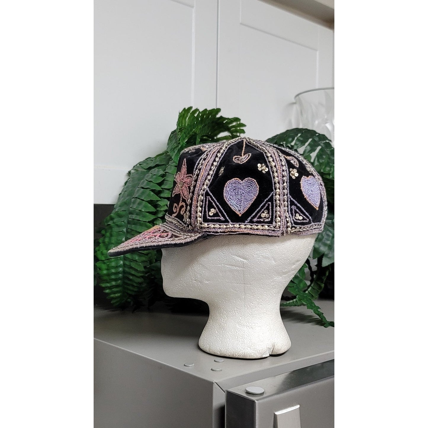 Vtg Burmese Custom Velour Embroidered Hearts Flowers Hat