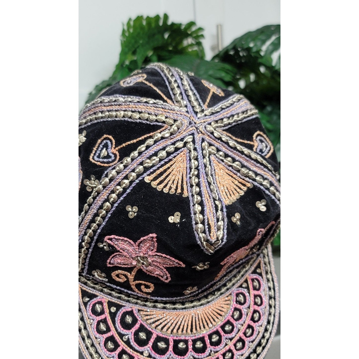 Vtg Burmese Custom Velour Embroidered Hearts Flowers Hat