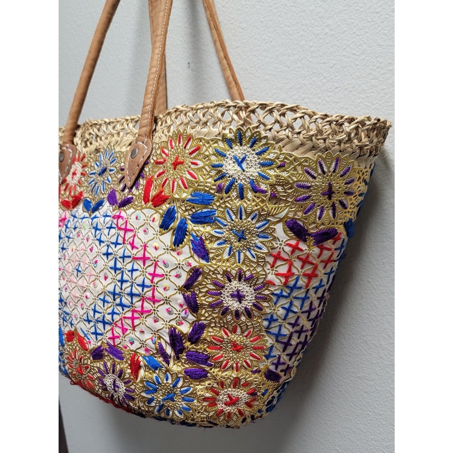 Vtg Straw Hand Woven Large Tote Bag Embroidered