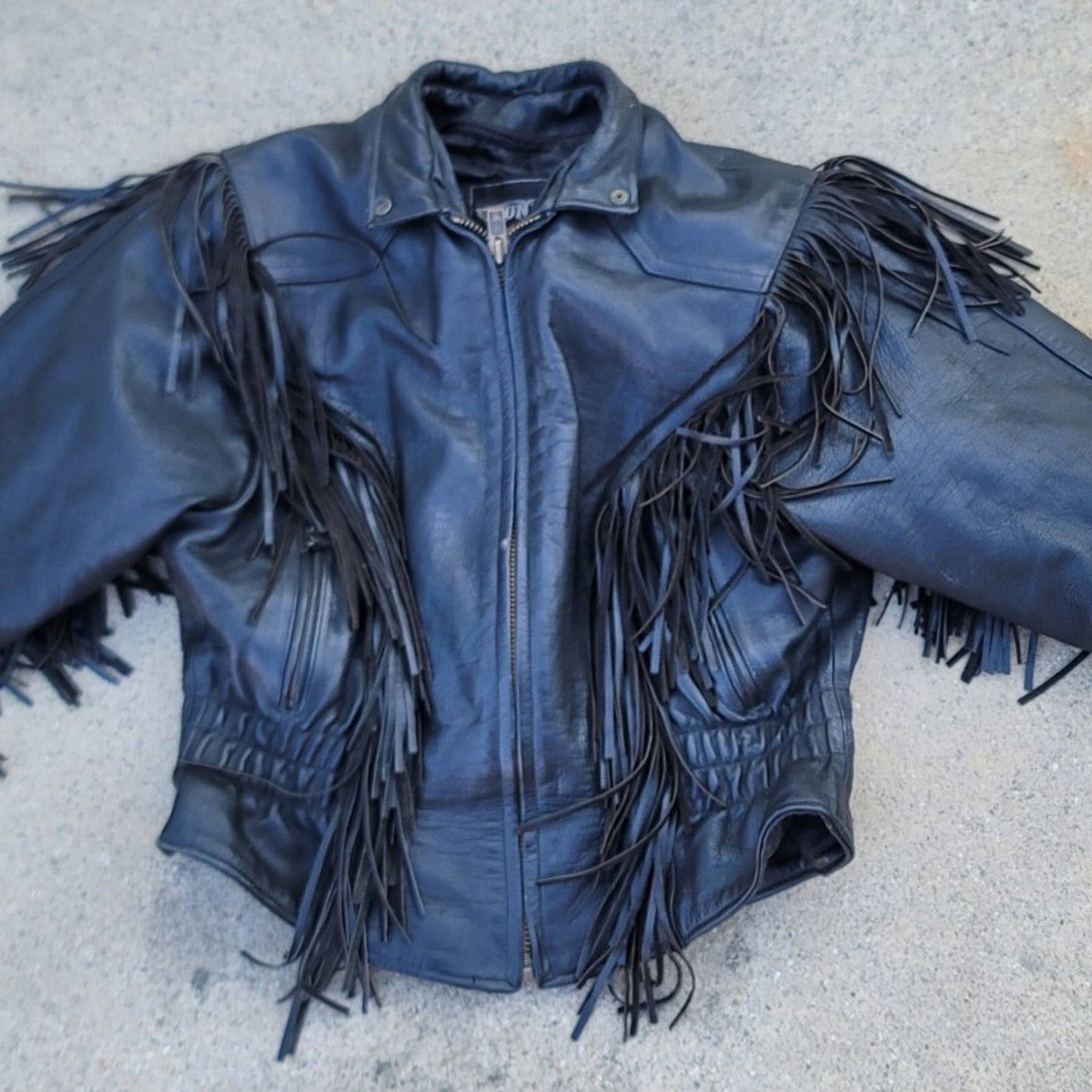 Vtg Unik Fringe Leather Motorcycle Jacket w/ Cinched Waist