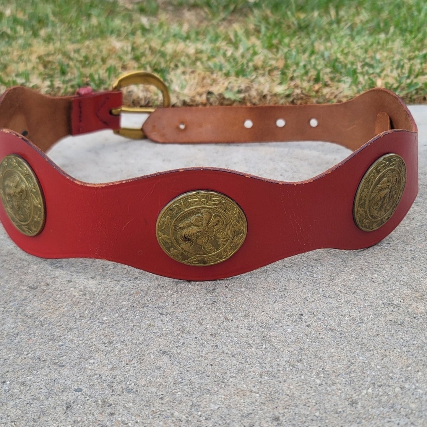 Vtg Handmade Leather Belt with Brass Victorian Lady Accents