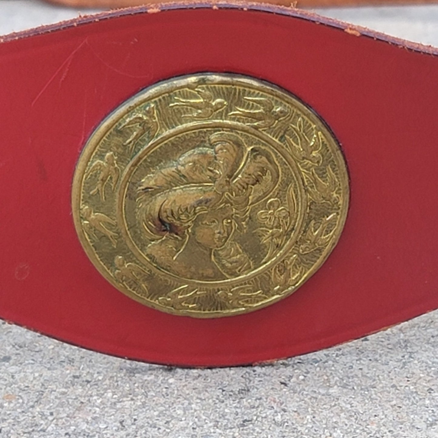 Vtg Handmade Leather Belt with Brass Victorian Lady Accents