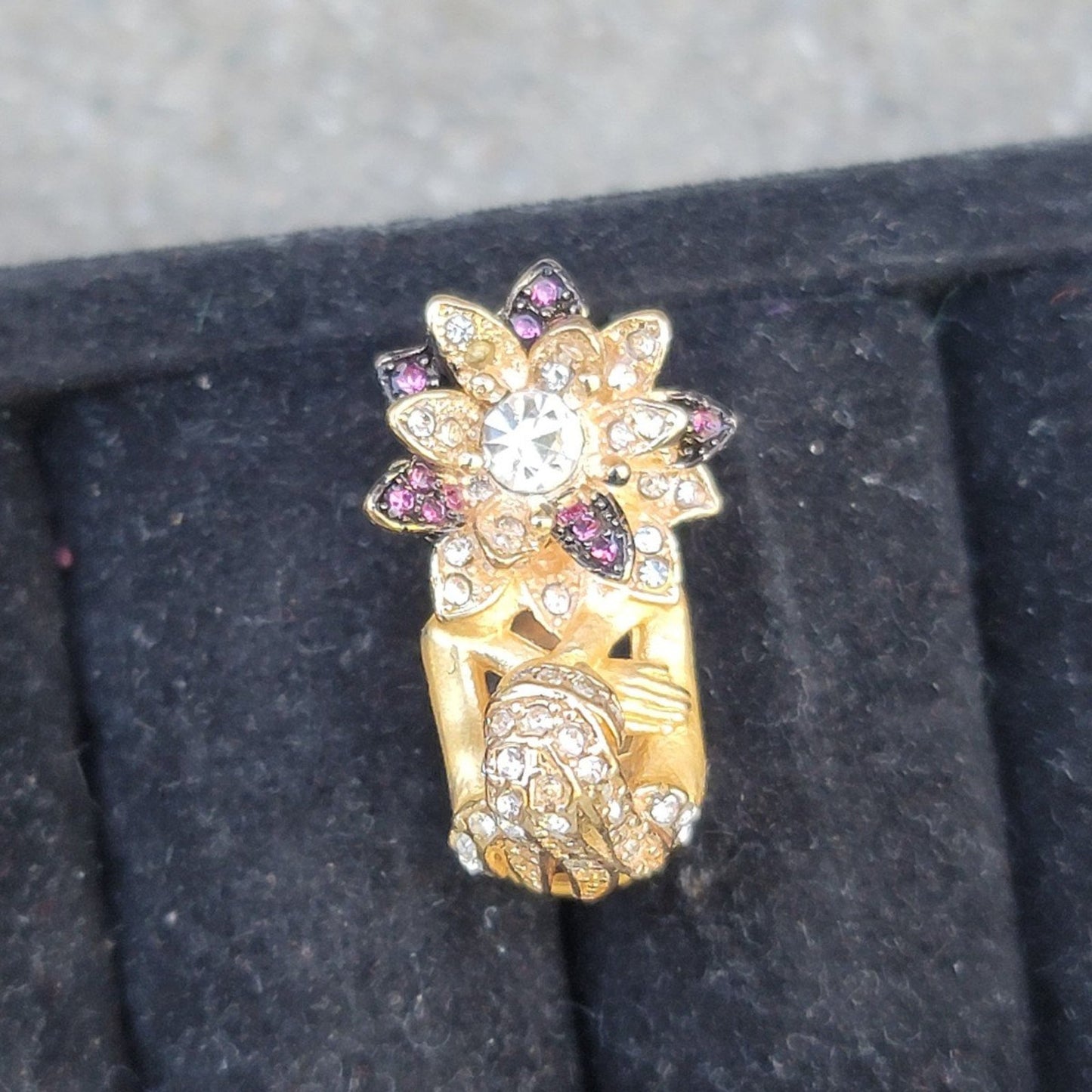 Gold Tone Girl Flower Rhinestone Ring