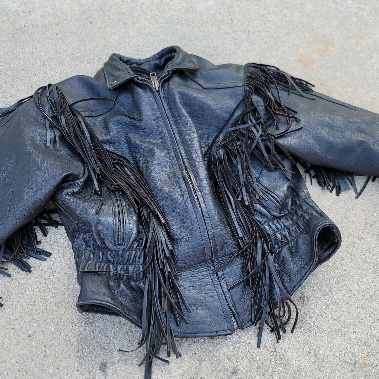 Vtg Unik Fringe Leather Motorcycle Jacket w/ Cinched Waist