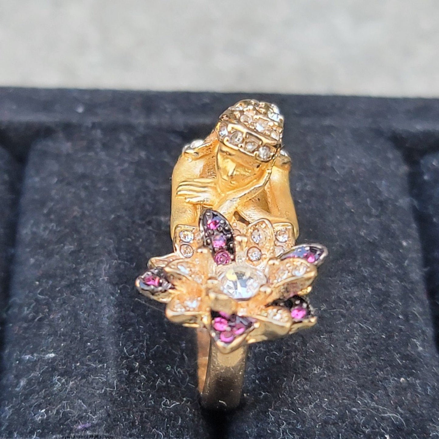 Gold Tone Girl Flower Rhinestone Ring