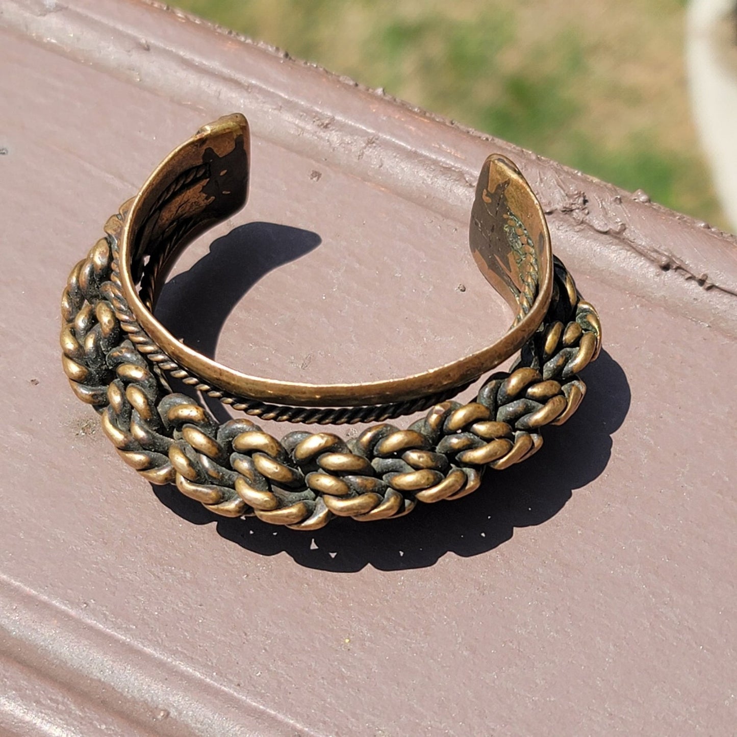 Vtg Egyptian Thick Braided Cuff Brass Bracelet