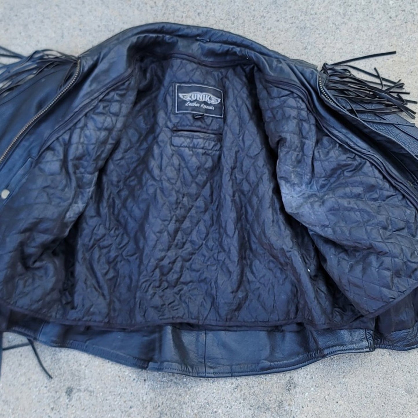 Vtg Unik Fringe Leather Motorcycle Jacket w/ Cinched Waist