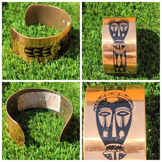 Vtg African themed embossed copper cuff bracelet