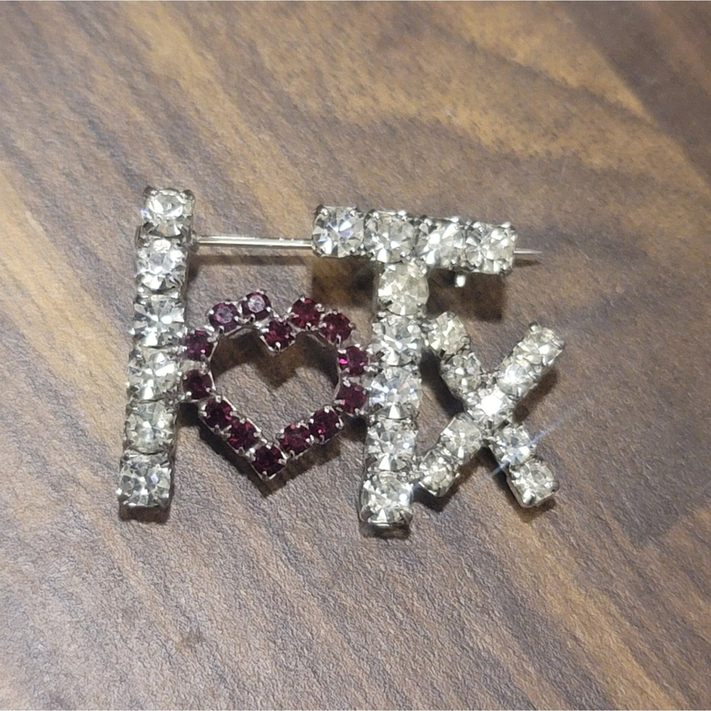 Vtg I Love Texas Rhinestone Brooch Pin