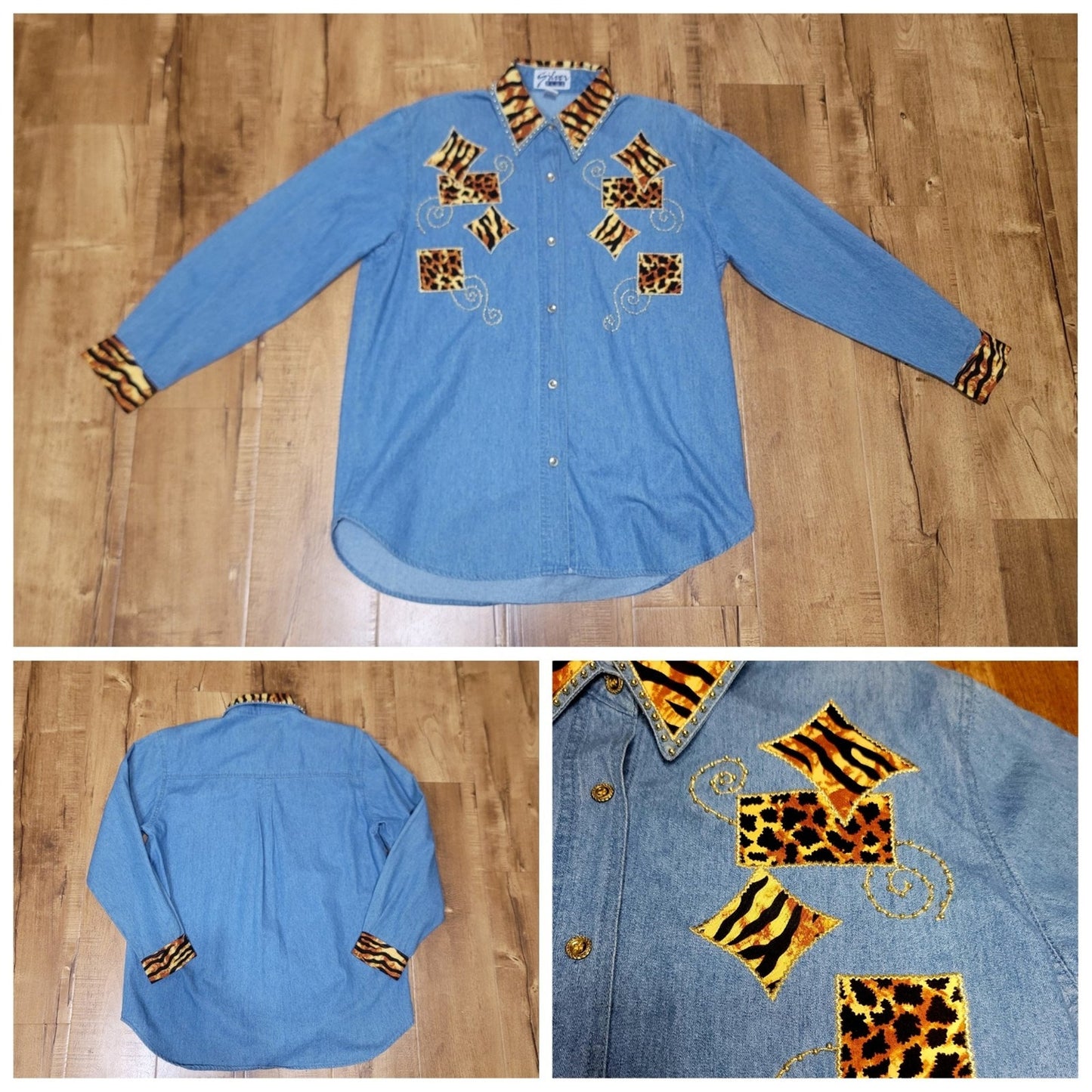 Vtg Silver Plus Upcycled Denim Button-down Shirt