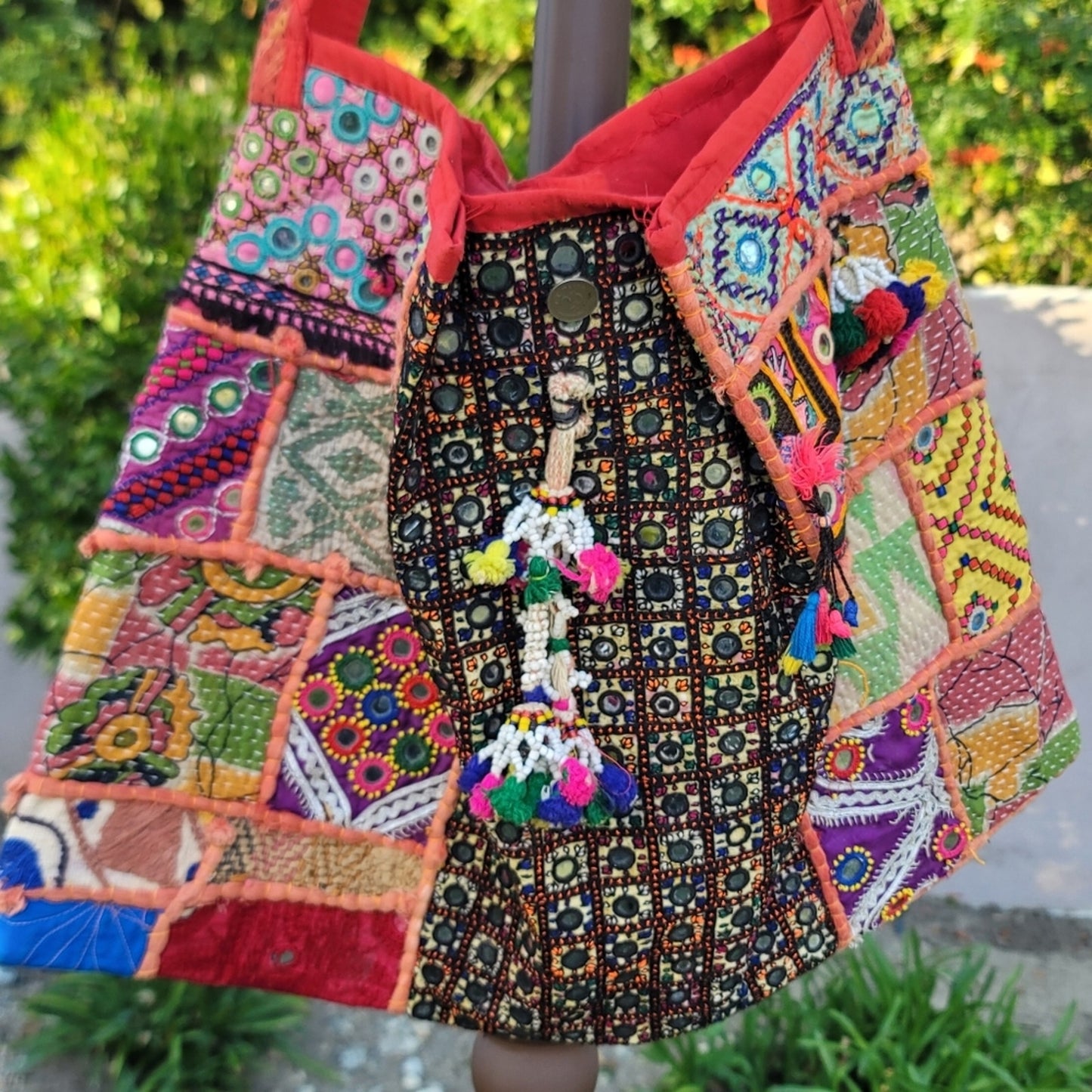 Vtg Handmade Bohemian Patchwork Mirror Work Tassel Embroidered Tote Bag