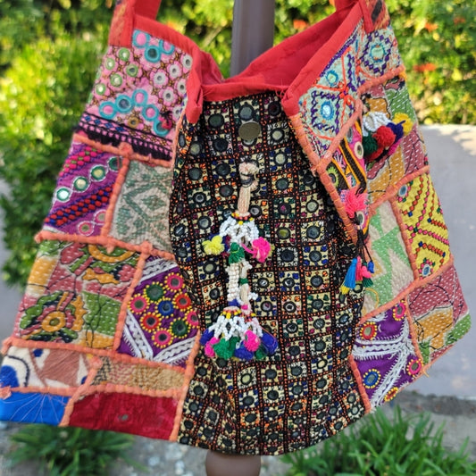 Vtg Handmade Bohemian Patchwork Mirror Work Tassel Embroidered Tote Bag