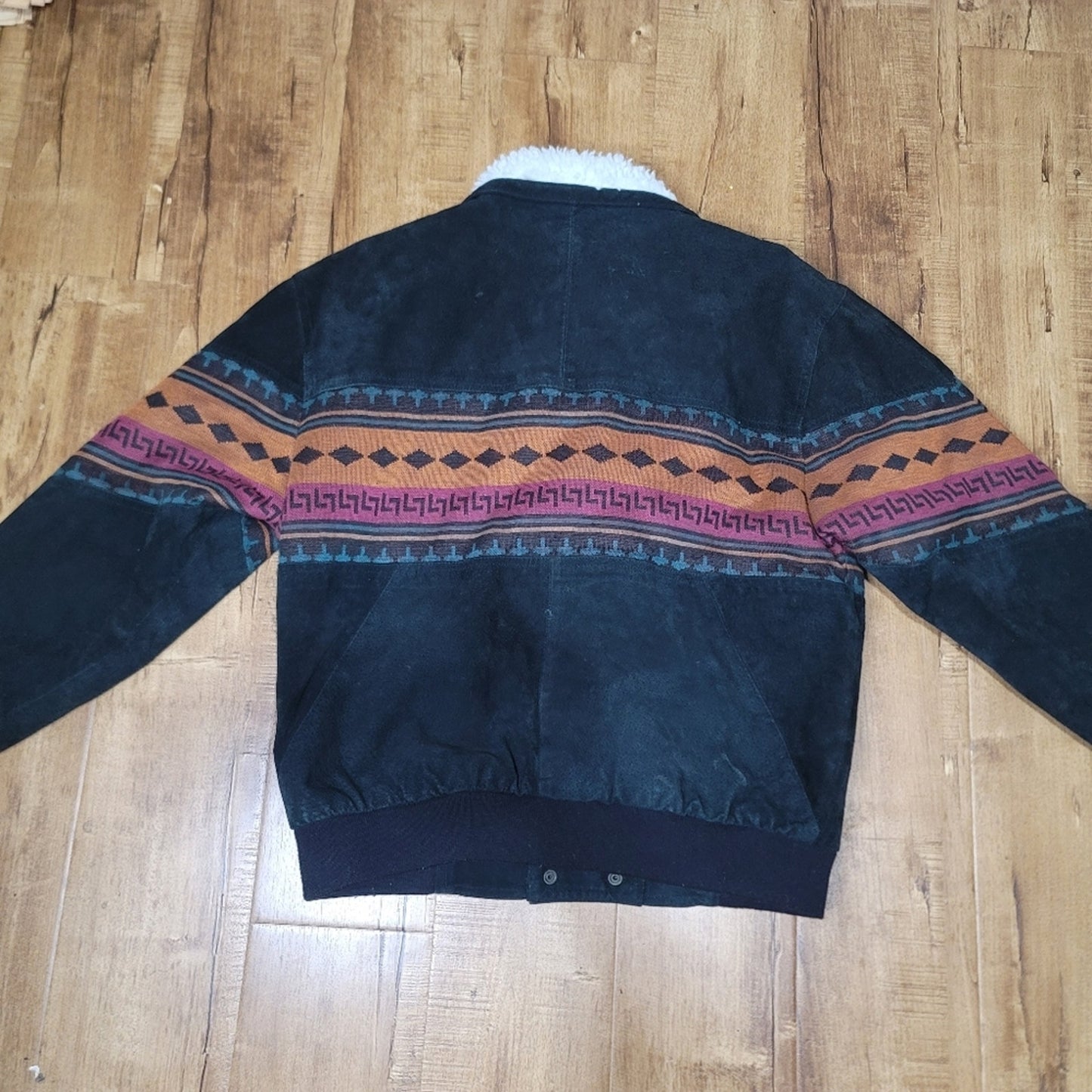 Vtg V.I.P. Southwestern Sherpa-trimmed Suede Leather Bomber Jacket