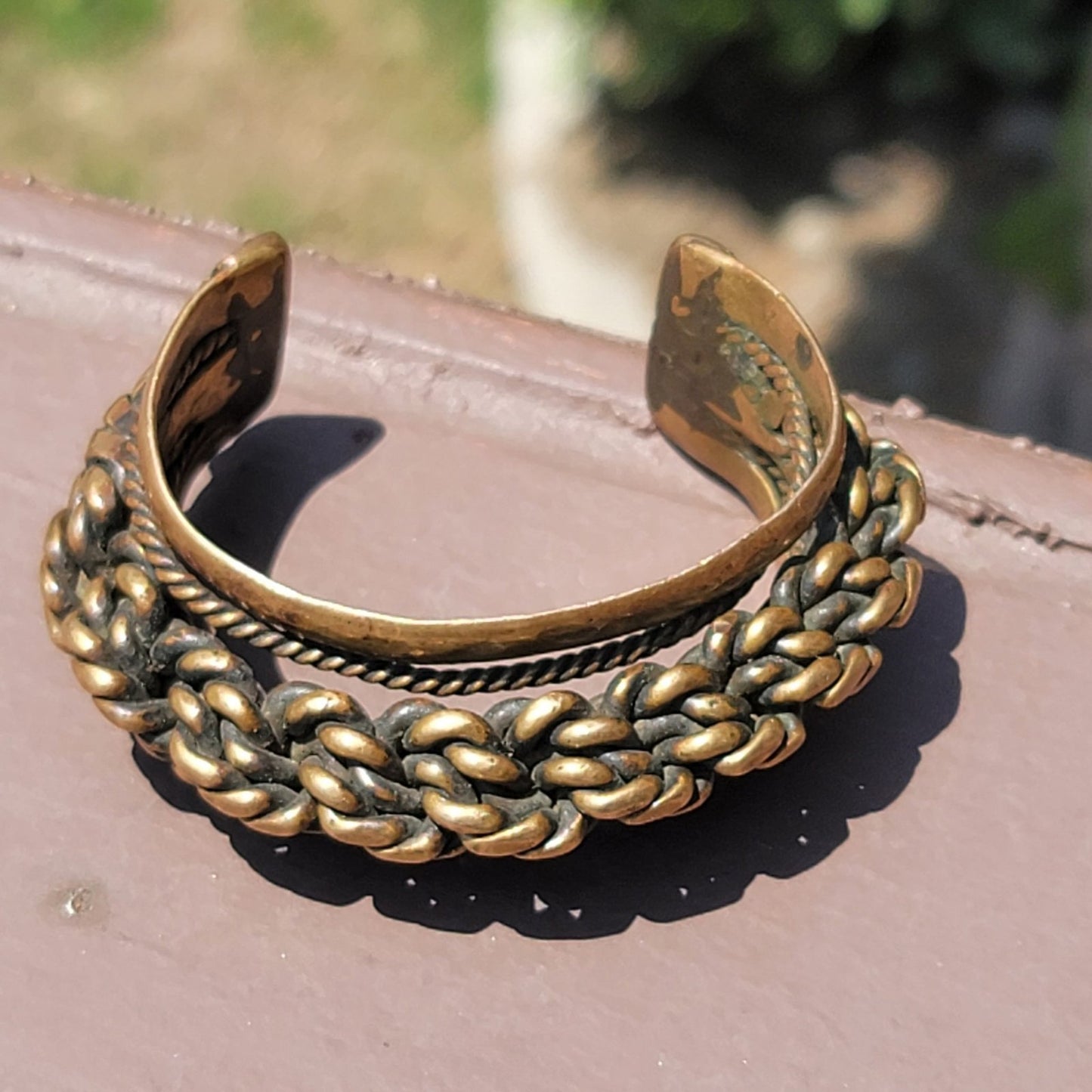 Vtg Egyptian Thick Braided Cuff Brass Bracelet