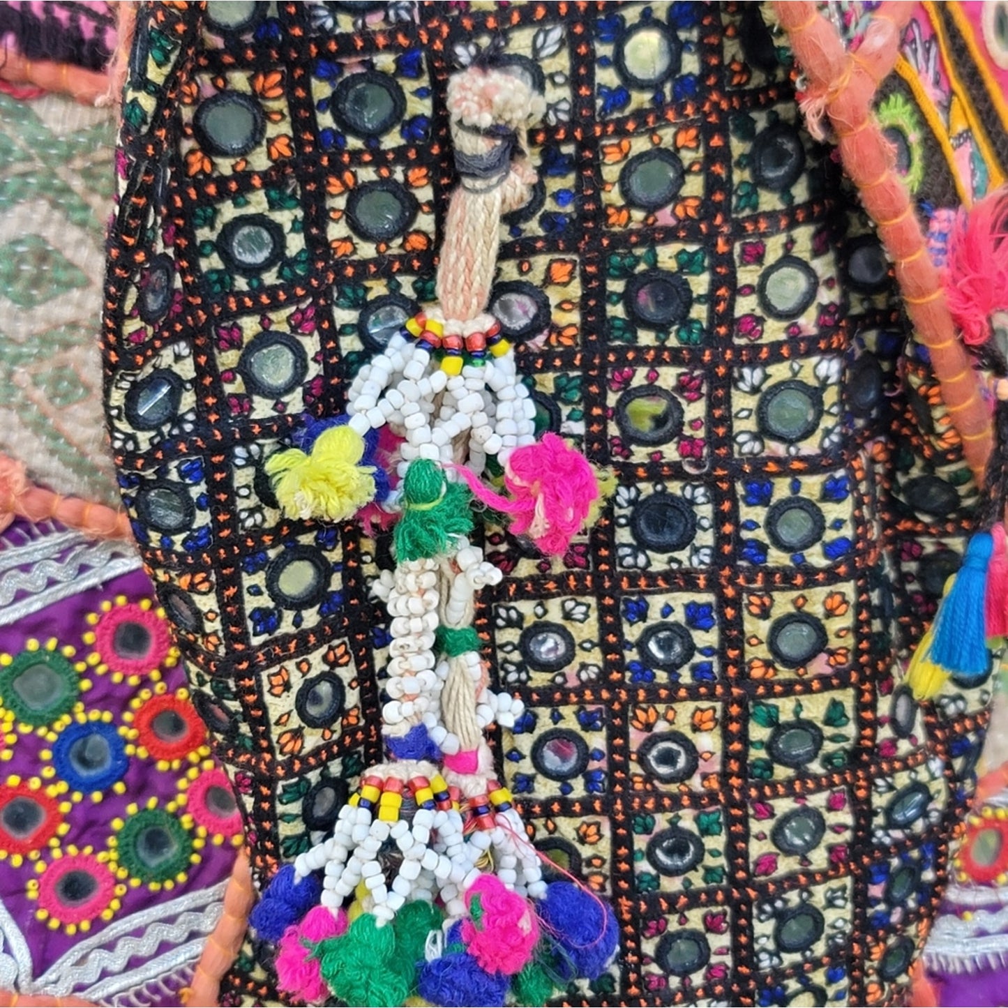 Vtg Handmade Bohemian Patchwork Mirror Work Tassel Embroidered Tote Bag