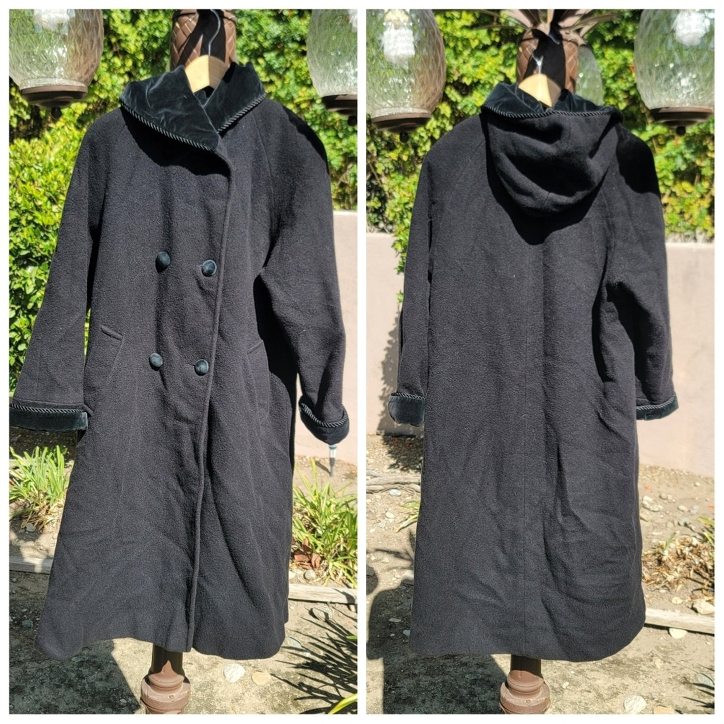 Vtg Albert Nipon Wool Hooded Trench Coat Velvet Collar Cuffs