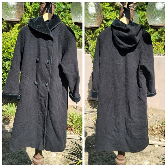 Vtg Albert Nipon Wool Hooded Trench Coat Velvet Collar Cuffs