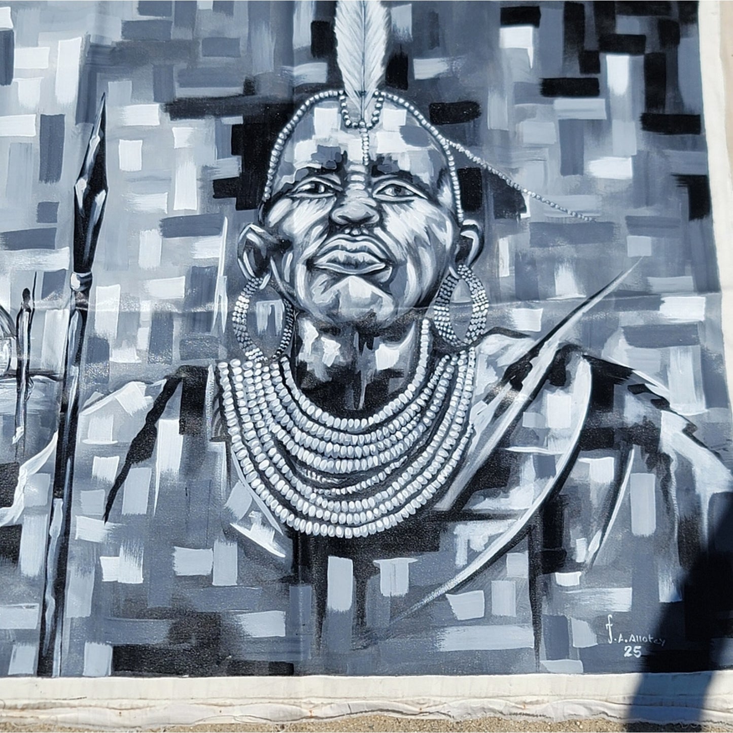 West African Ghanaian Handmade Chief Warrior Large Canvas Oil Painting
