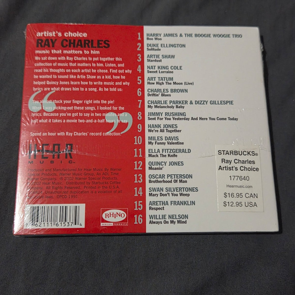 Vtg 2002 Ray Charles Artist's Choice Music That Matters To Him CD Starbucks