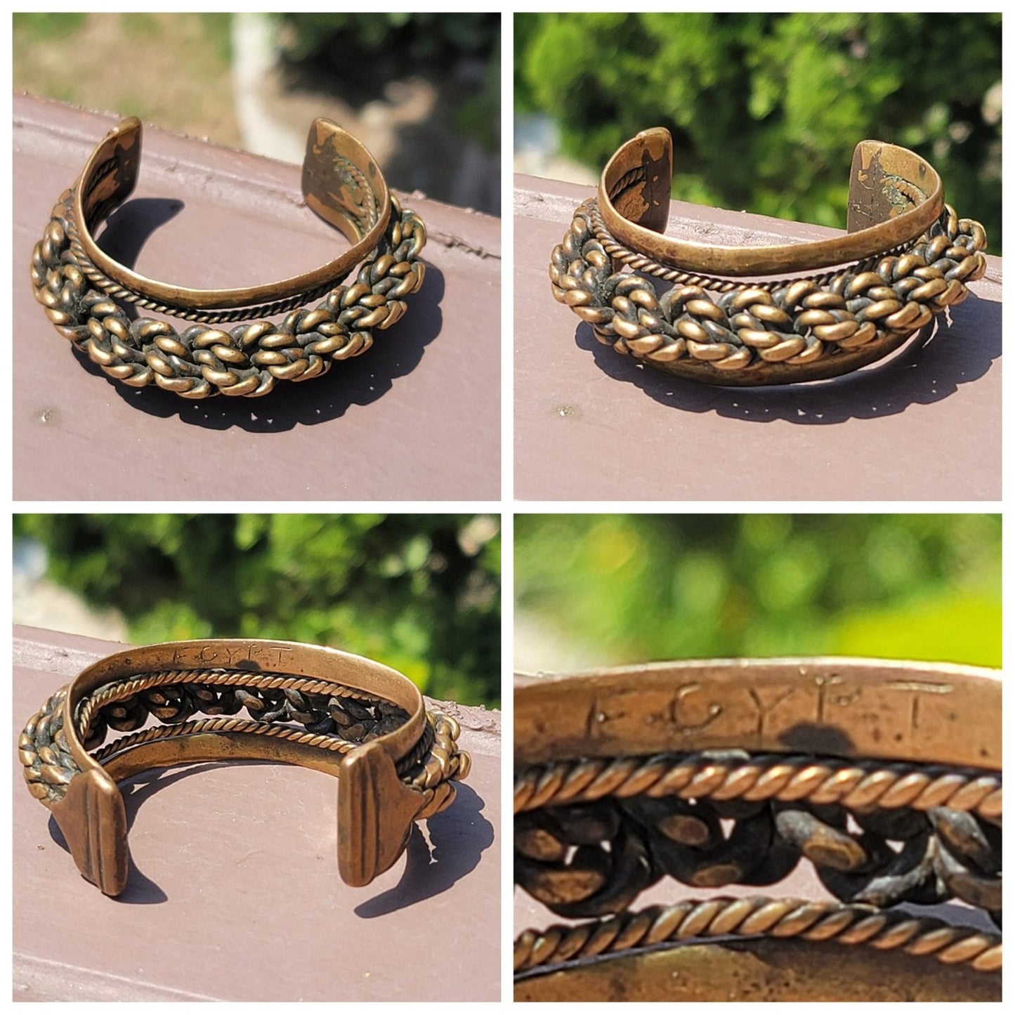 Vtg Egyptian Thick Braided Cuff Brass Bracelet