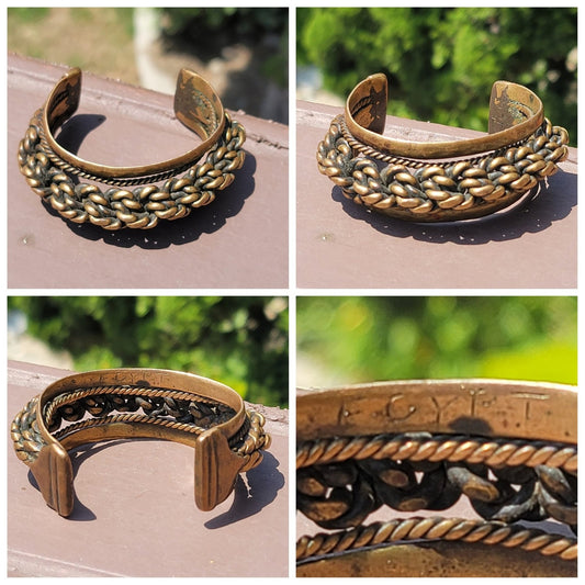 Vtg Egyptian Thick Braided Cuff Brass Bracelet