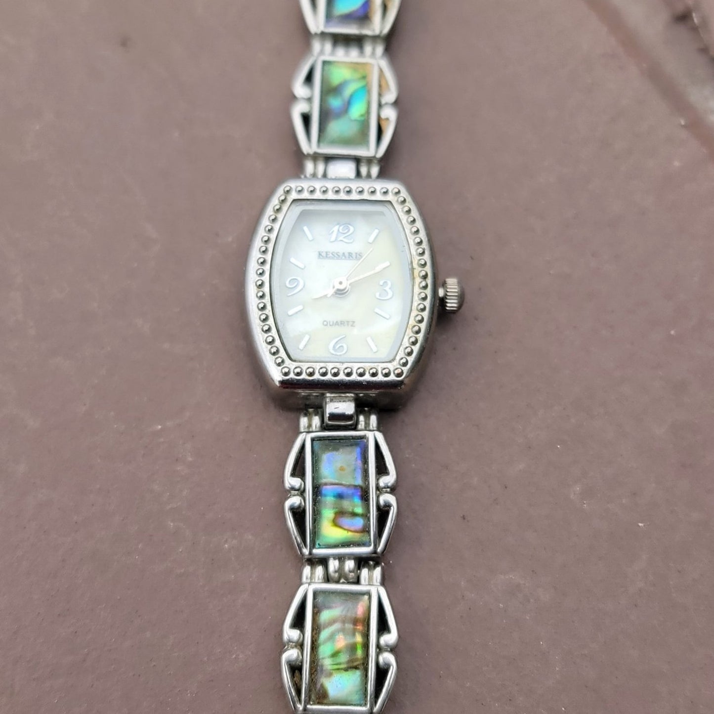 Vtg Silver Tone Kessaris Abalone Gemstone Band Watch
