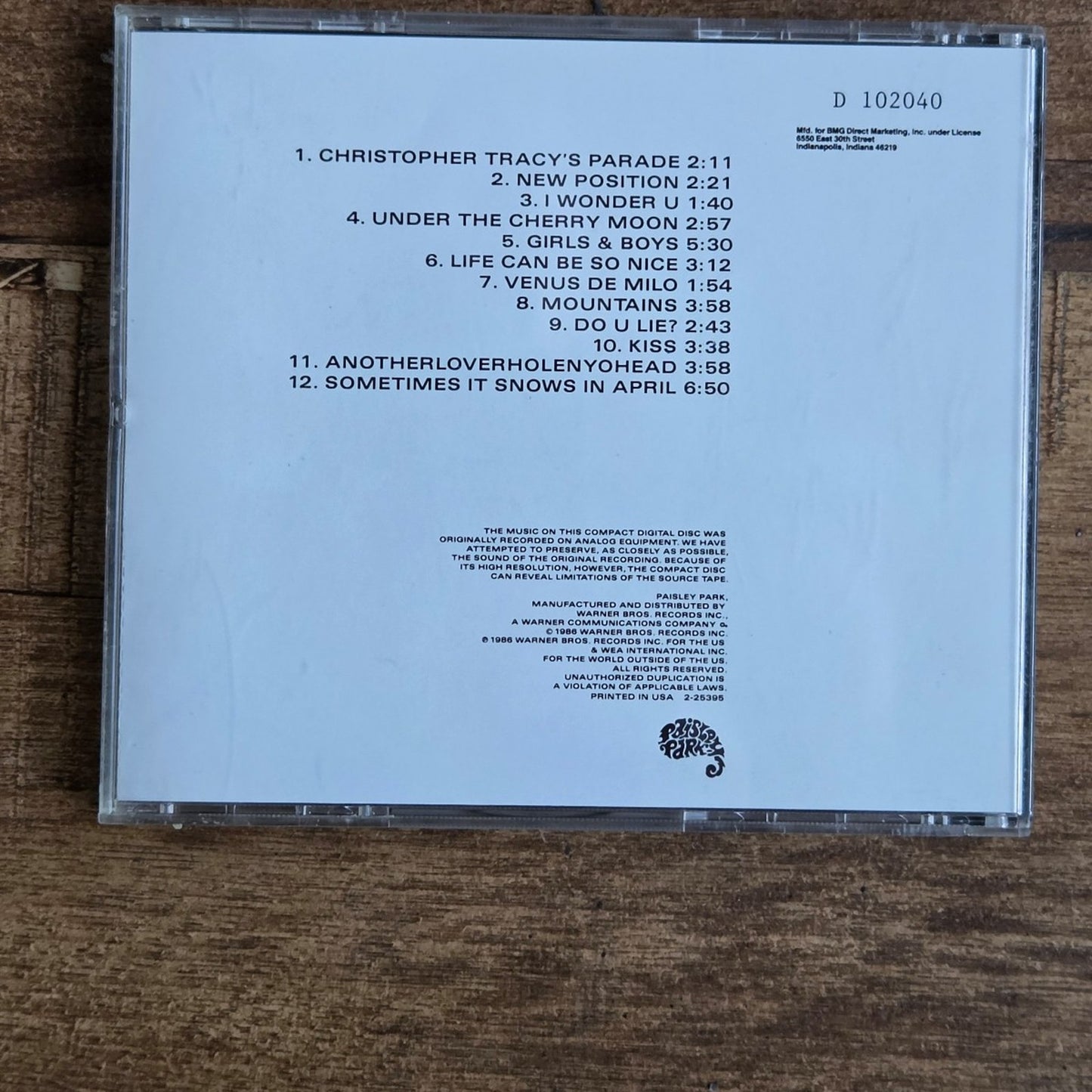 Vtg 1986 Prince and the Revolution Parade Music From Under the Cherry Moon CD