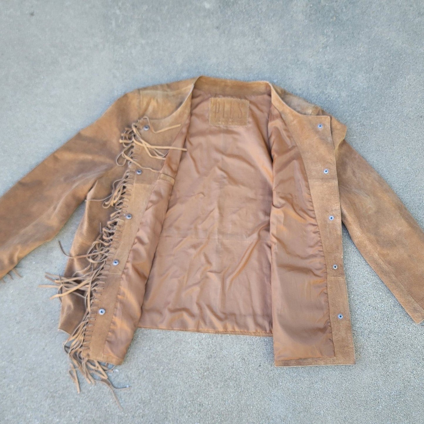 Vtg PLUS Brown Suede Leather Fringe Jacket