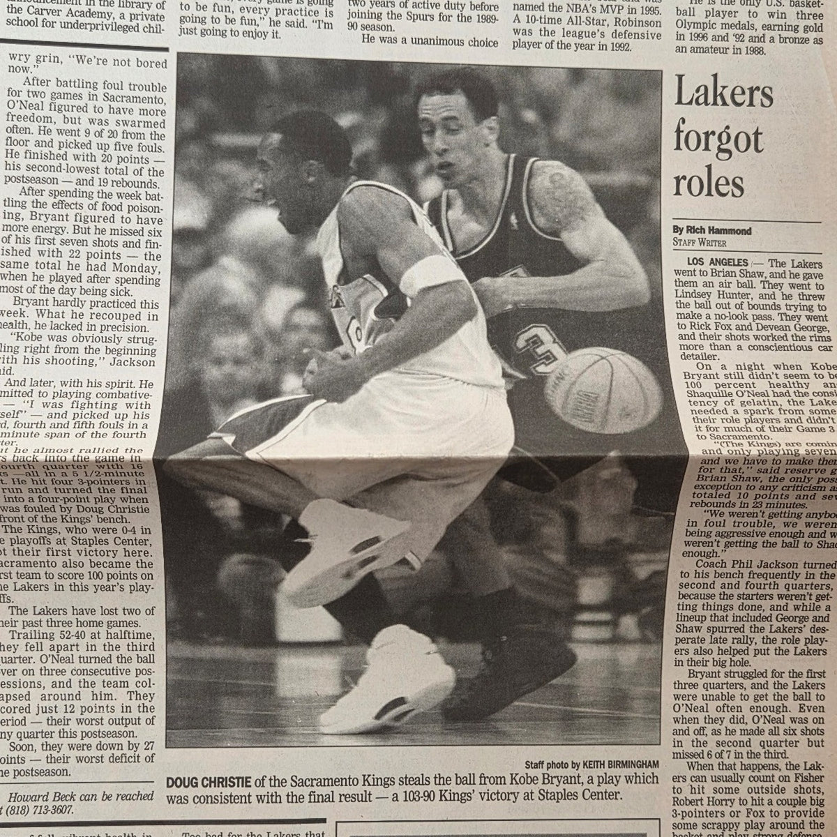 Vtg 2002 Los Angeles Lakers Sacramento Kings Gabriel Valley Newspaper