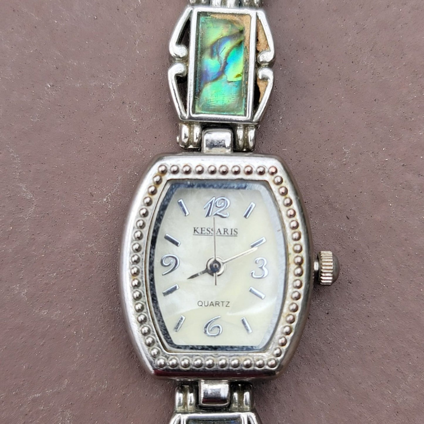 Vtg Silver Tone Kessaris Abalone Gemstone Band Watch