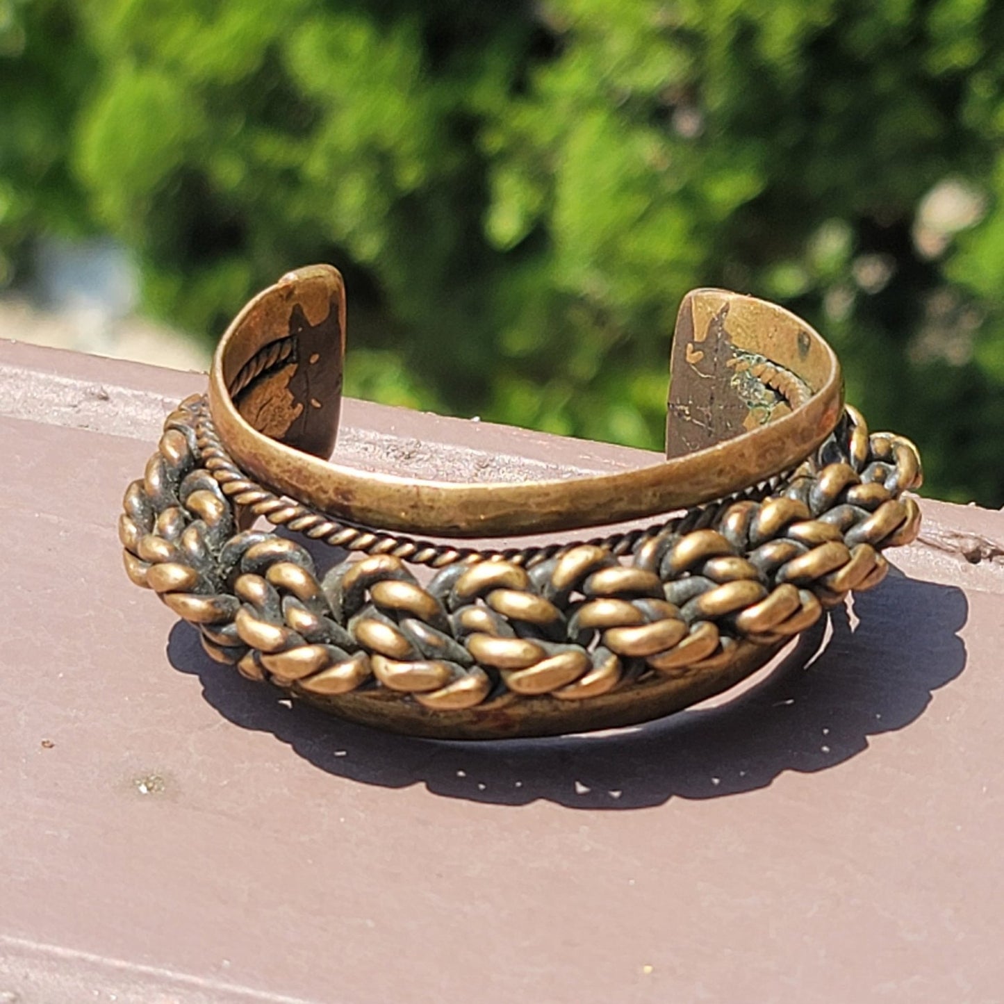 Vtg Egyptian Thick Braided Cuff Brass Bracelet
