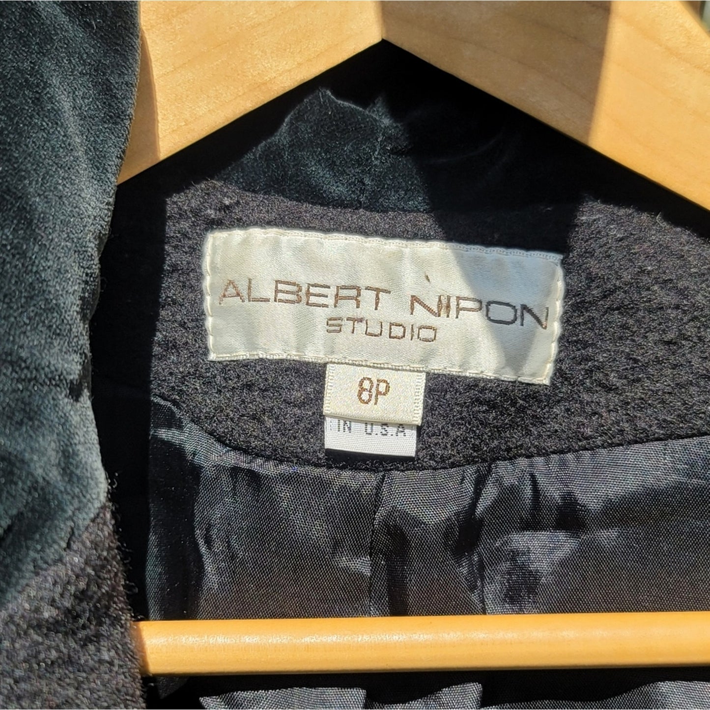 Vtg Albert Nipon Wool Hooded Trench Coat Velvet Collar Cuffs