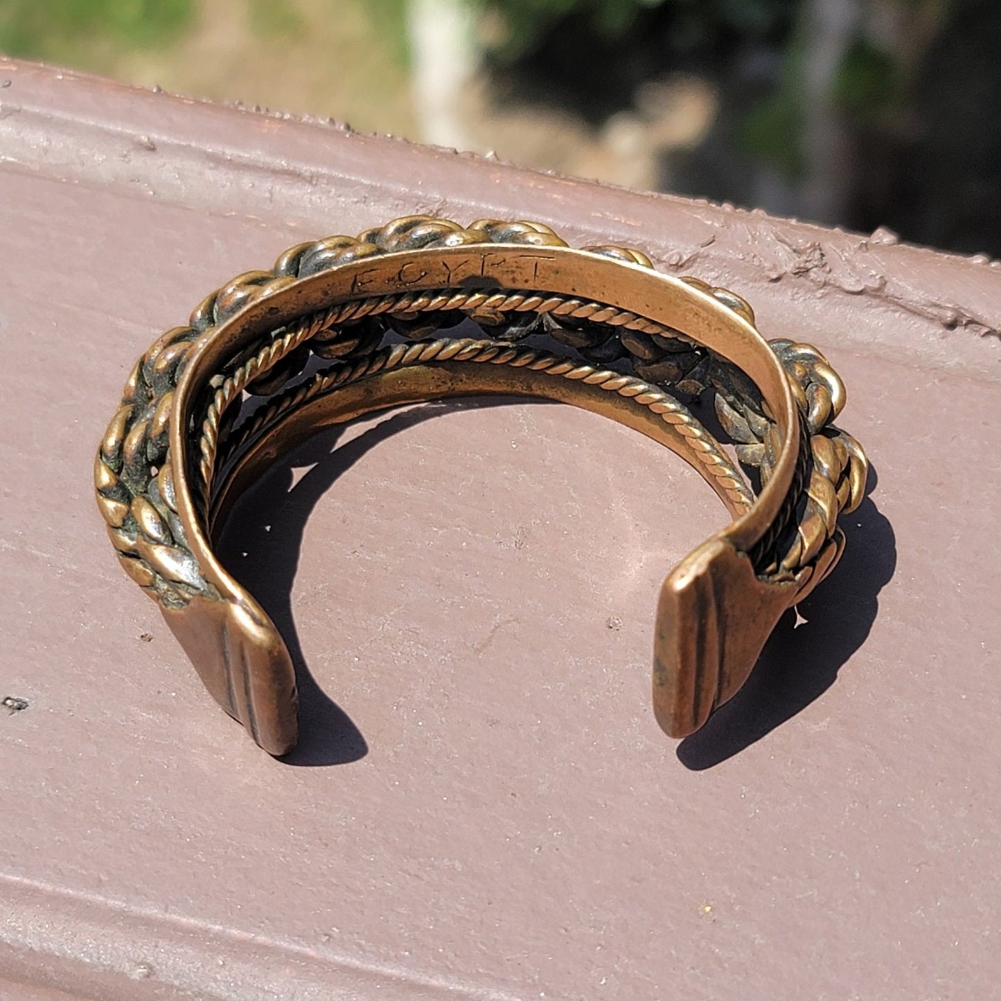 Vtg Egyptian Thick Braided Cuff Brass Bracelet