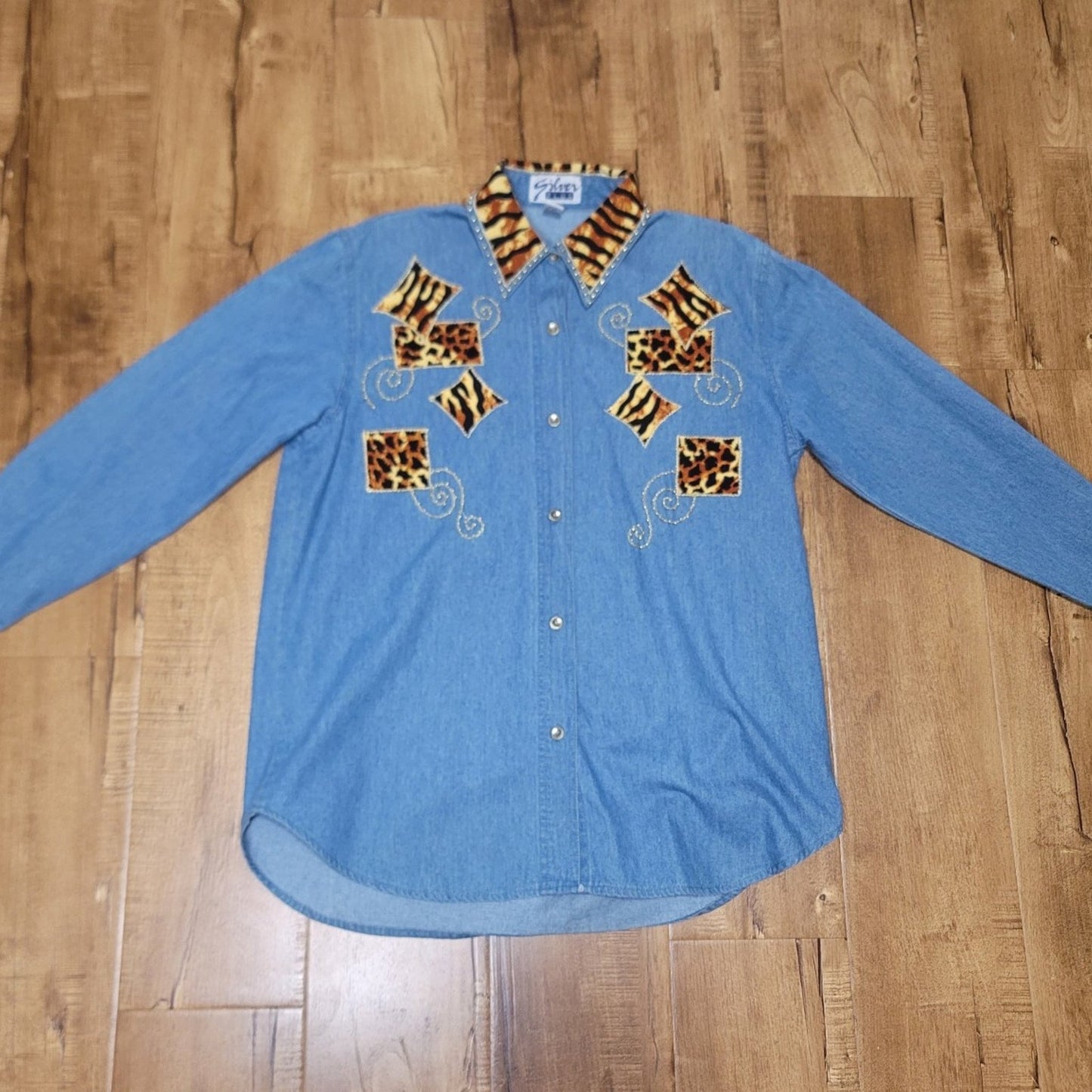 Vtg Silver Plus Upcycled Denim Button-down Shirt