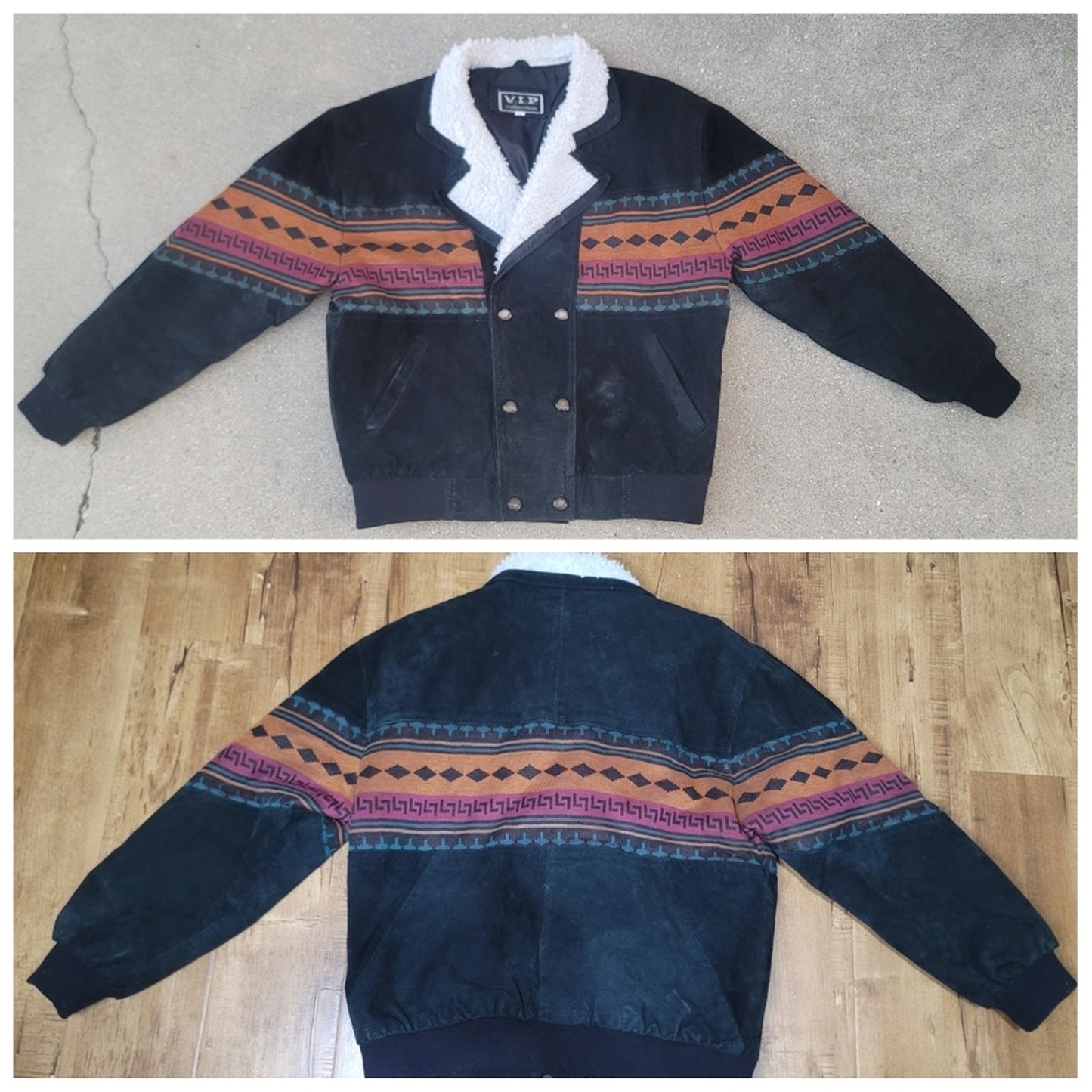 Vtg V.I.P. Southwestern Sherpa-trimmed Suede Leather Bomber Jacket