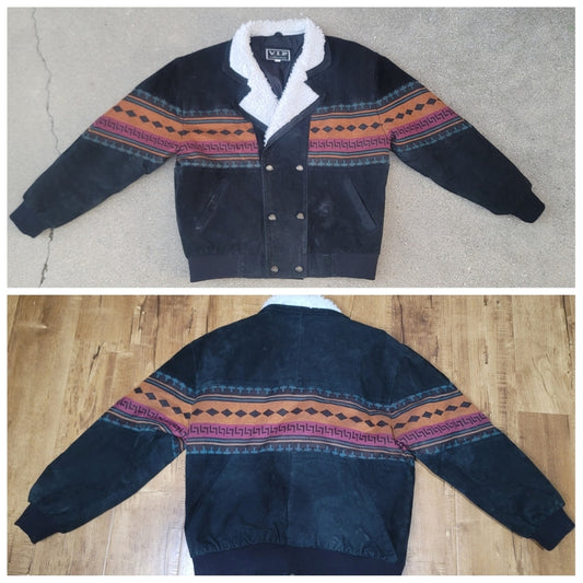 Vtg V.I.P. Southwestern Sherpa-trimmed Suede Leather Bomber Jacket