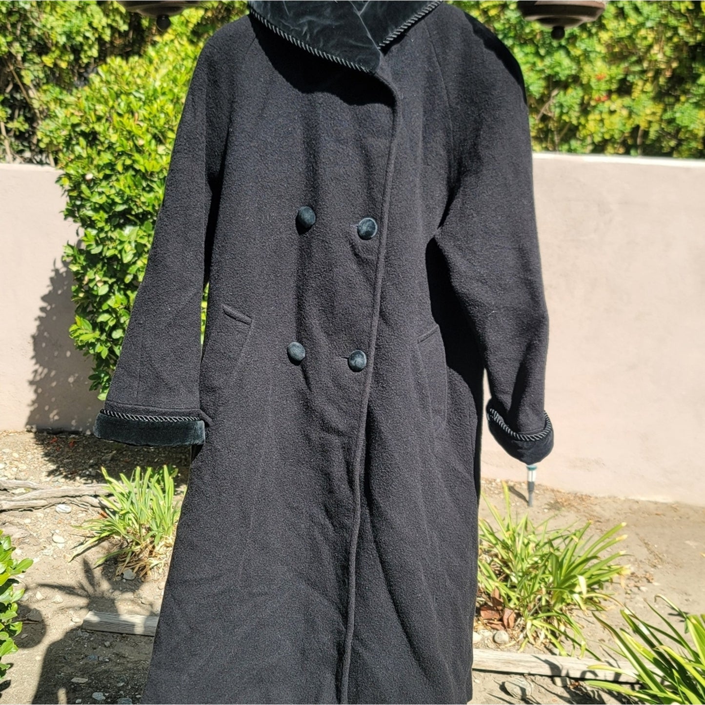 Vtg Albert Nipon Wool Hooded Trench Coat Velvet Collar Cuffs