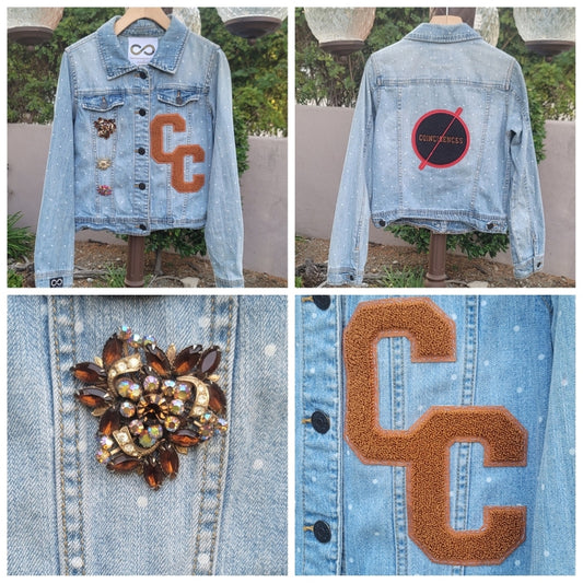 Continual Coincidences Brand Upcycled Vtg Denim Jean Jacket w/Brooch Accents