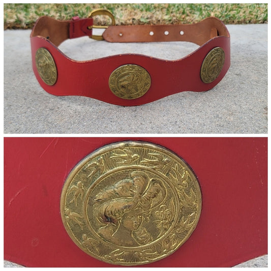 Vtg Handmade Leather Belt with Brass Victorian Lady Accents
