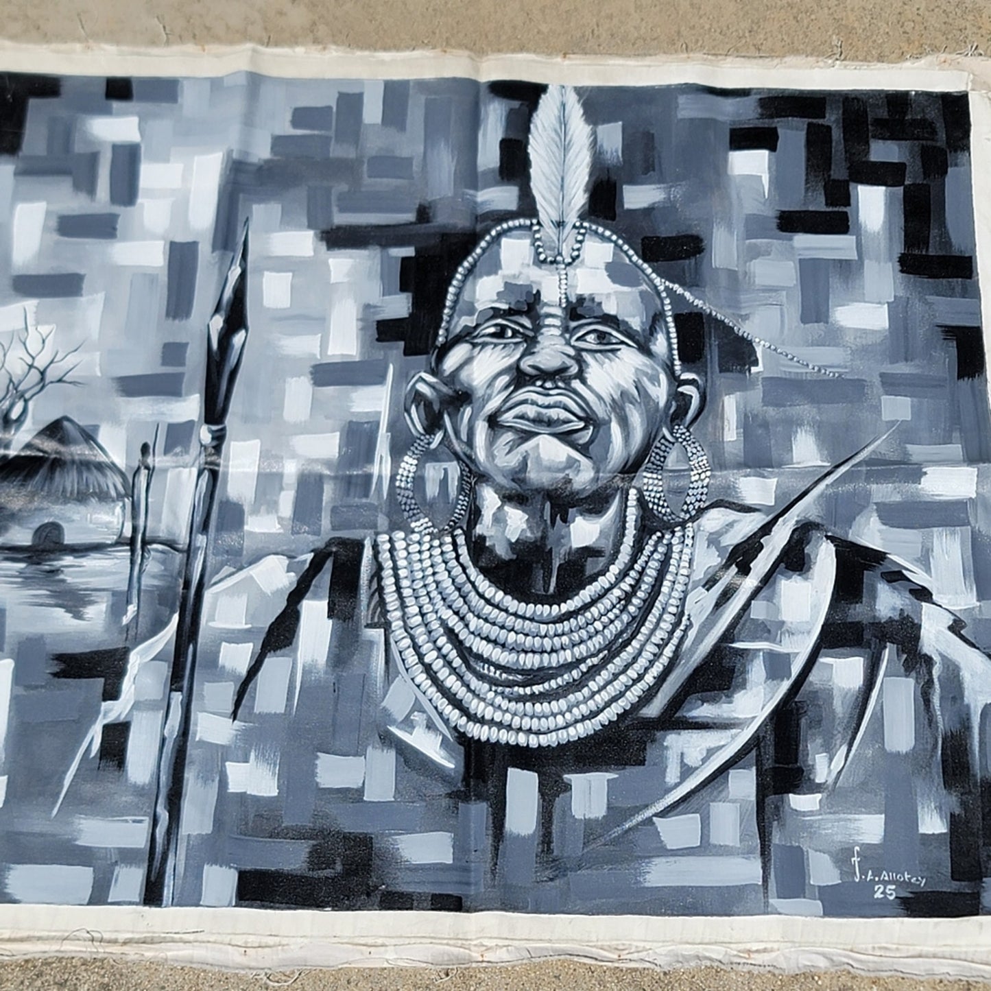 West African Ghanaian Handmade Chief Warrior Large Canvas Oil Painting
