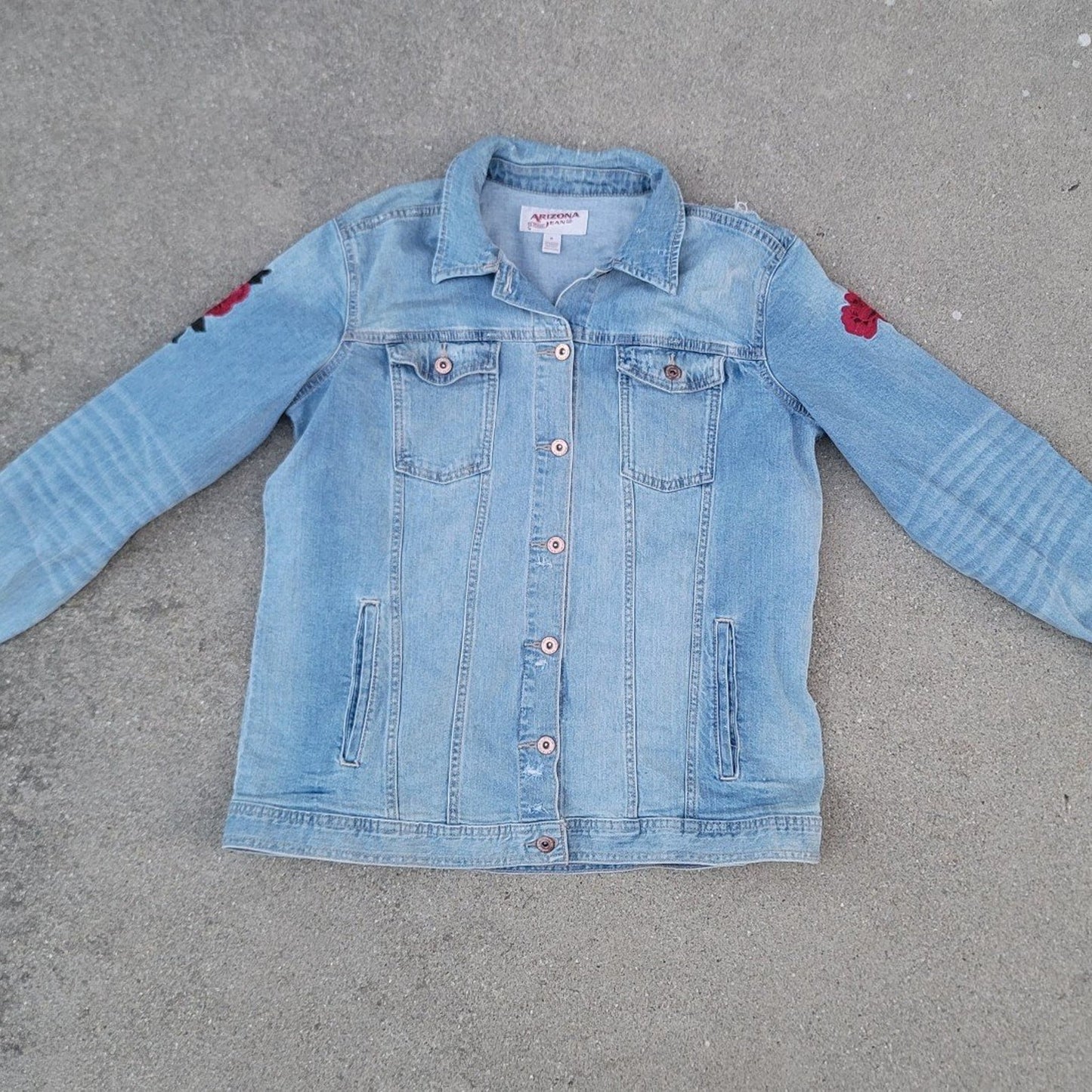 Arizona Jean Co Distressed Embroidered Roses Jean Denim Jacket