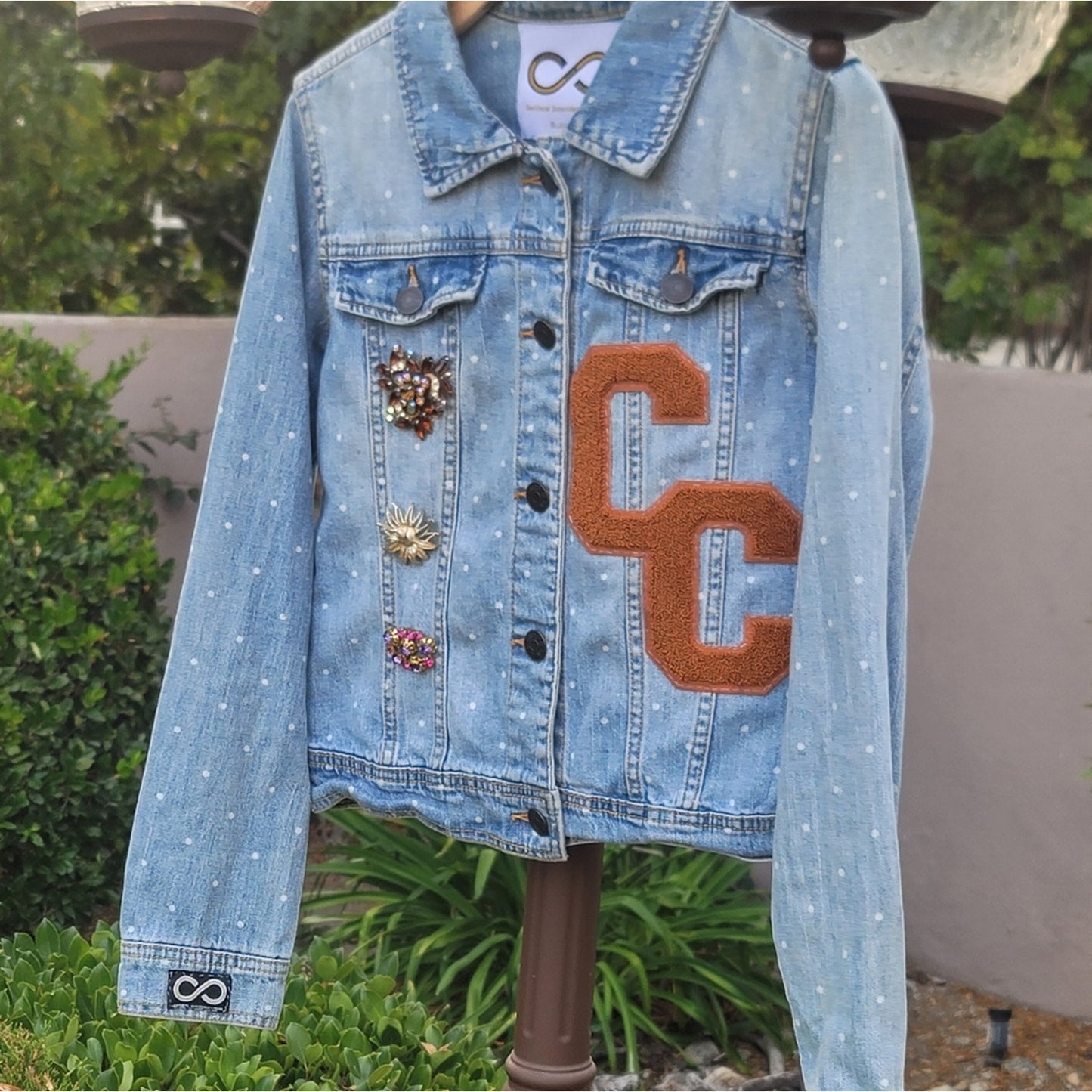 Continual Coincidences Brand Upcycled Vtg Denim Jean Jacket w/Brooch Accents